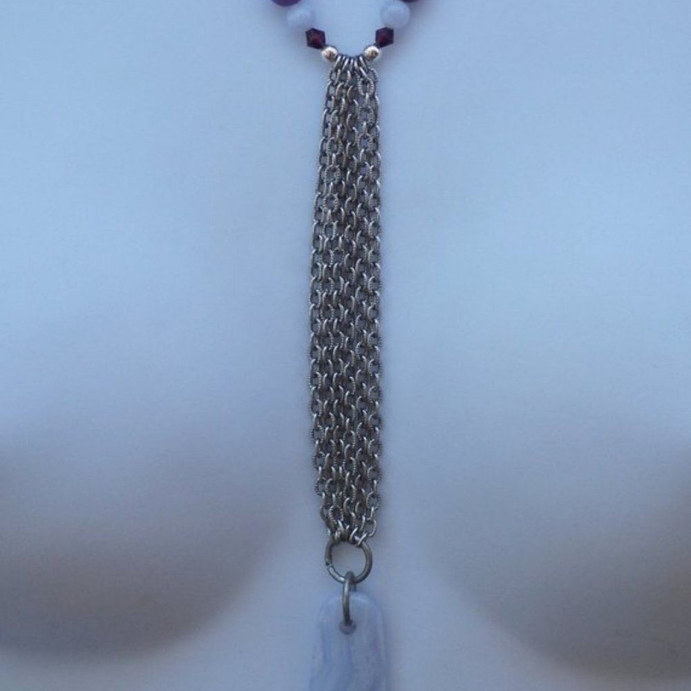 Handmade Statement Necklace With Lilac Agate Silver Tone Chains Purple Beads